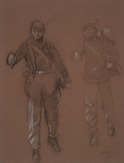 Undersøgelse af figurerne af to borgerkrigssoldater, i af Edwin Austin Abbey