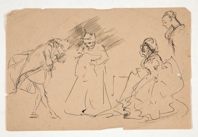 Studie af en scene fra det 18. århundrede, evt af Edwin Austin Abbey