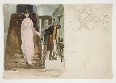 Studie af et interiør: par forbereder sig på at tage af sted om aftenen af Edwin Austin Abbey