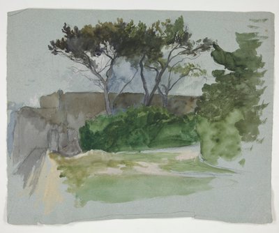 Studie af landskab med træer og stenmur af Edwin Austin Abbey