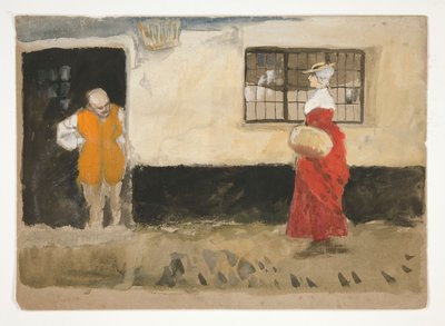 Undersøgelse af gadebilledet, mand ved døren, kvinde i rød kjole. af Edwin Austin Abbey