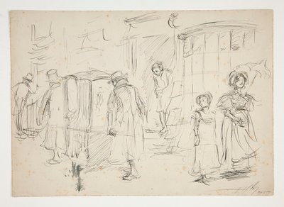 Undersøgelse af gadebilledet med sedanstol. af Edwin Austin Abbey