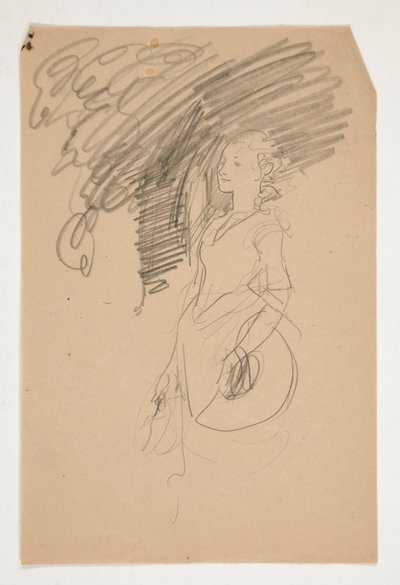 Studie af kvinde i kostume fra det 18. århundrede, der holder sin hat af Edwin Austin Abbey
