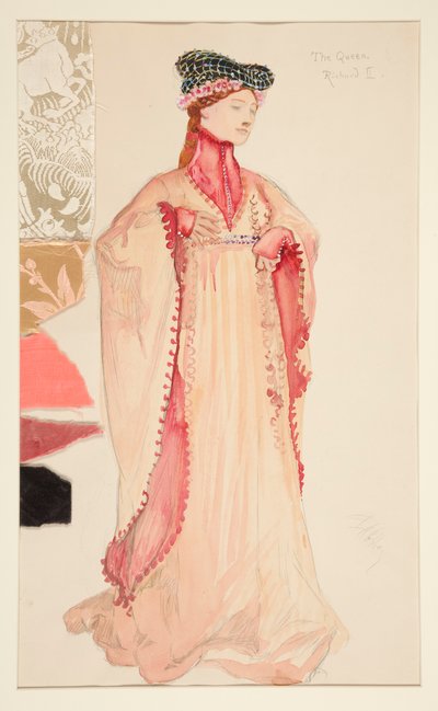 Dronningen (i pink), kostumeskitse til Henry Irving af Edwin Austin Abbey