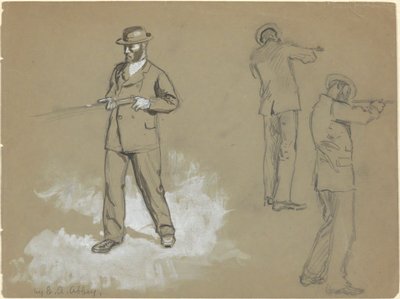 Tre skitser af en mand med en pistol (recto); Figurstudier og portræt af A. S. Wina (?) (verso) af Edwin Austin Abbey