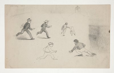 Tre studier (mænd med heste, studie af hoved) (recto); Seks undersøgelser af løbende figurer, undersøgelse af et klokketårn (verso) af Edwin Austin Abbey