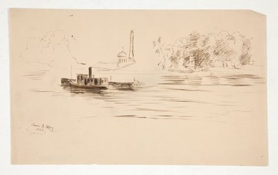 Slæbebåd skubber pram på floden af Edwin Austin Abbey