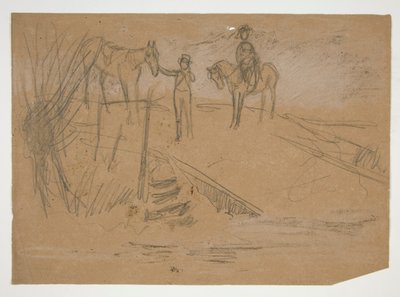 To mænd og to heste i et landskab - uidentificeret illustration af Edwin Austin Abbey