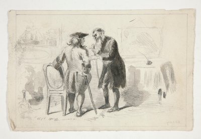 To mænd, der samtaler i et interiør - uidentificeret illustration af Edwin Austin Abbey