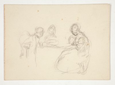 Uidentificeret illustration - Studie af figurer ved et bord. Siddende mand på baksiden. af Edwin Austin Abbey
