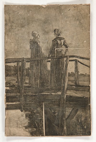 Unavngivet træstik af E.A. Kloster (?) af to damer på en gangbro i træ - illustration til William Black af Edwin Austin Abbey