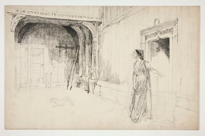Kvinde og hund i et interiør - (uidentificeret illustration til et skuespil?) af Edwin Austin Abbey