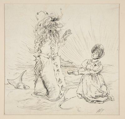 Kvinde og slange på stranden, skitse til The Lay of the Lobster af Edwin Austin Abbey