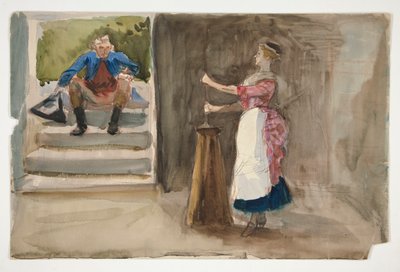 Kvinde, der kværner smør, mand i revolutionær kjole ser på - (uidentificeret illustration) af Edwin Austin Abbey
