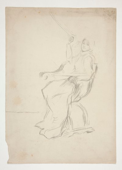 Kvinde siddende i stol (recto); To uidentificerede arkitektoniske skitser (verso) af Edwin Austin Abbey