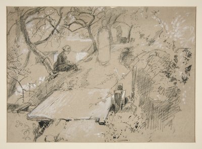 Kvinde siddende på bænk i en have eller offentlig park - uidentificeret illustration af Edwin Austin Abbey