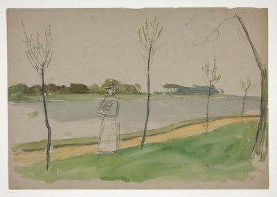 Kvinde slentrer langs en flodbred af Edwin Austin Abbey