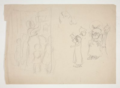 Kvinde med børn og tegneserie - Uidentificeret illustration af Edwin Austin Abbey