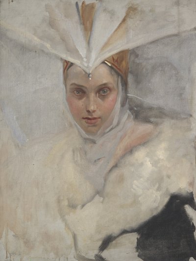 Kvinde med fiskeørnehovedbeklædning og hvid pelskrave, 1897 af Edwin Austin Abbey