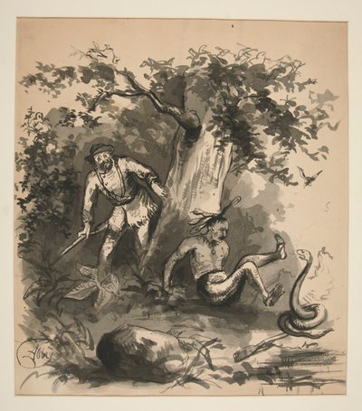 Skovscene af en jæger, en indianer og en slange - uidentificeret illustration af Edwin Austin Abbey