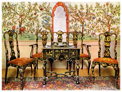 Sortlakeret sofa, stole og bord og rødlakeret spejl, 1910. af Edwin Foley