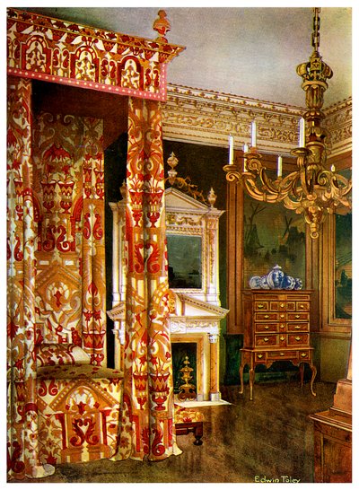 Queen Annes seng, kommode på stativ og en kandelabre af træ, 1910. af Edwin Foley