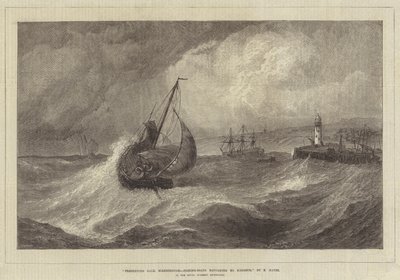 Freshening Gale, Scarborough, Fiskerbåde vender tilbage til havnen i Royal Academy Exhibition af Edwin Hayes
