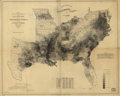 Kort, der viser fordelingen af slavebefolkningen i de sydlige stater i USA, udarbejdet fra folketællingen i 1860 af Edwin Hergesheimer
