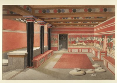Maleri af det genskabte tronrum i Minos-paladset i Knossos af Edwin J. Lambert