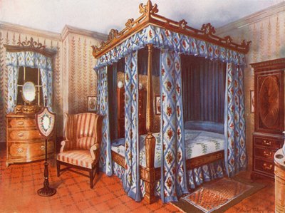 Et Hepplewhite soveværelse. Chintz-gardinindlagt satintræ seng. Indlagt satintræ dressing kiste og mahogni garderobe af Edwin John Foley