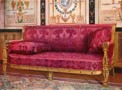 Udskåret forgyldt sofa betrukket med rosa brokade de Lyons af Edwin John Foley