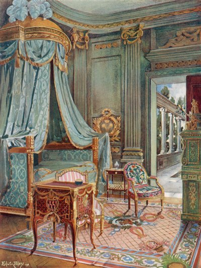 Udskåret og forgyldt draperet kuppelseng. Bureau-Toilette (Eller Petit Secretaire) i Marqueterie. Kartonnier i grøn lak af Edwin John Foley