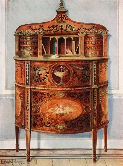 Indlagt og malet Satinwood Skrivebordsskab, Ormolu monteret af Edwin John Foley