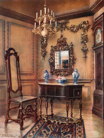 Paneler, med Grinling Gibbon udskæringer. Spejlramme, valnødbord, William og Mary. Walnut Chair, Charles Wesley