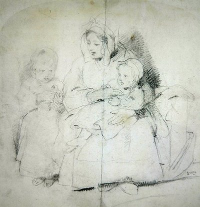 En mor med to børn (blyant på papir) af Edwin Landseer