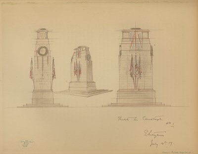 Skitse nr. 1 til Cenotaph, Whitehall, Westminster, London (farve litho) af Edwin Landseer Lutyens