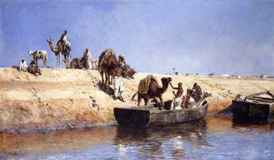 En indskibning af kameler på stranden ved Sale, Maroc, 1880 af Edwin Lord Weeks