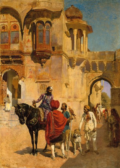 Afgang til jagten på forgården til et palads i Jodhpore, ca. 1898-1900 af Edwin Lord Weeks