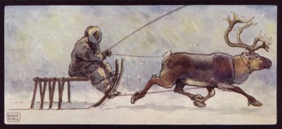 En lappe- og rensdyrslæde (farve litho) af Edwin Noble