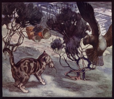Rivalerende musejægere, katte og ugle (farve litho) af Edwin Noble