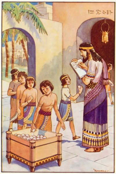 På skolen i Babylon (farve litho) af Edwin Tryon Billings