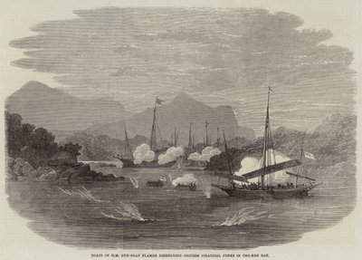 Både af HM Gun-Boat Flamer ødelægger kinesiske piratiske junks i Cho-Kee Bay af Edwin Weedon