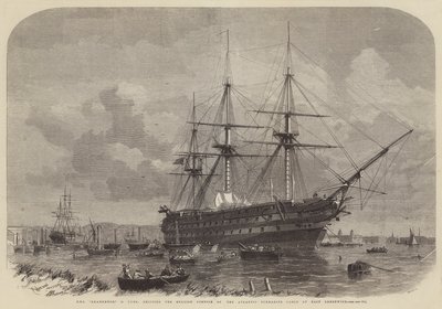 HMS Agamemnon, 91 kanoner, sender den engelske del af det atlantiske ubådskabel ved East Greenwich af Edwin Weedon