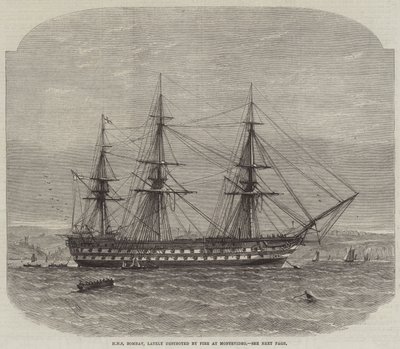 HMS Bombay, som for nylig blev ødelagt ved en brand i Montevideo af Edwin Weedon