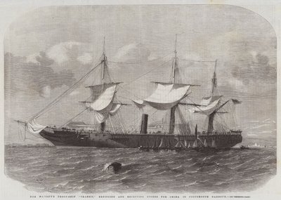 Hendes Majestæts Troop-Ship Transit, ombygning og modtagelse af butikker til Kina i Portsmouth Harbor af Edwin Weedon