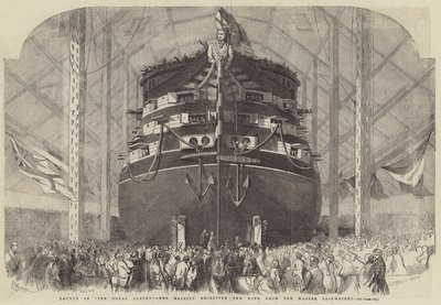 Lancering af The Royal Albert, Hendes Majestæt, der modtager Vinen fra Skibsbyggermesteren af Edwin Weedon