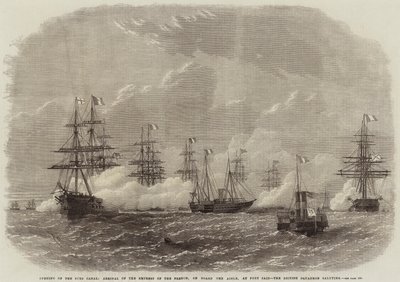 Åbning af Suez-kanalen, ankomst af franskmændenes kejserinde om bord på Aigle, ved Port Said, den britiske eskadrille hilser af Edwin Weedon