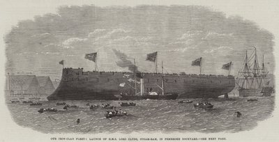 Vores jernbeklædte flåde, lancering af HMS Lord Clyde, Steam-Ram, i Pembroke Dockyard af Edwin Weedon