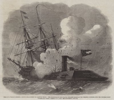 Borgerkrigen i Amerika, flådeengagement i Hampton Roads, det konfødererede jernbelagte dampskib Merrimac (eller Virginia), der løber ind i Federal Sloop Cumberland af Edwin Weedon