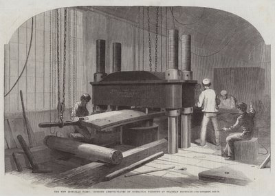 Den nye jernbeklædte flåde, der bøjer panserplader ved hydraulisk tryk på Chatham Dockyard af Edwin Weedon